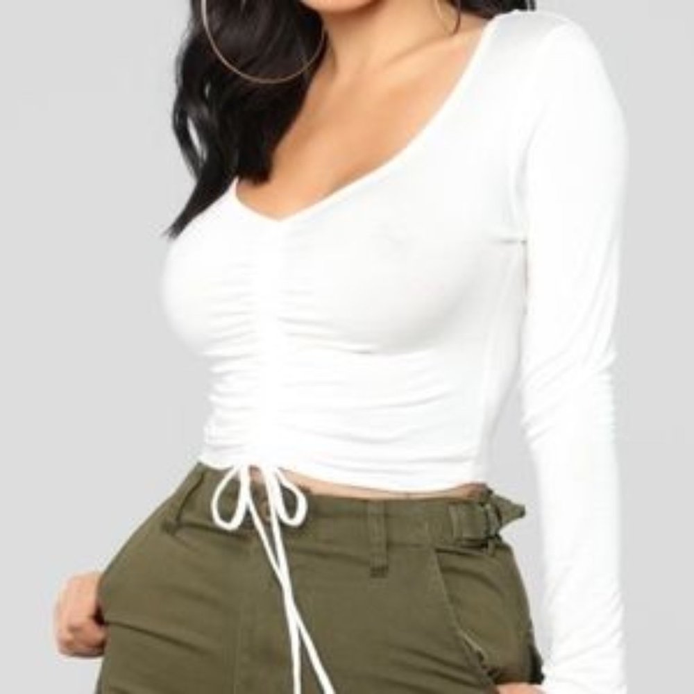 Fashion Nova Sierra Ruched Off White Long Sleeve Cropped Top